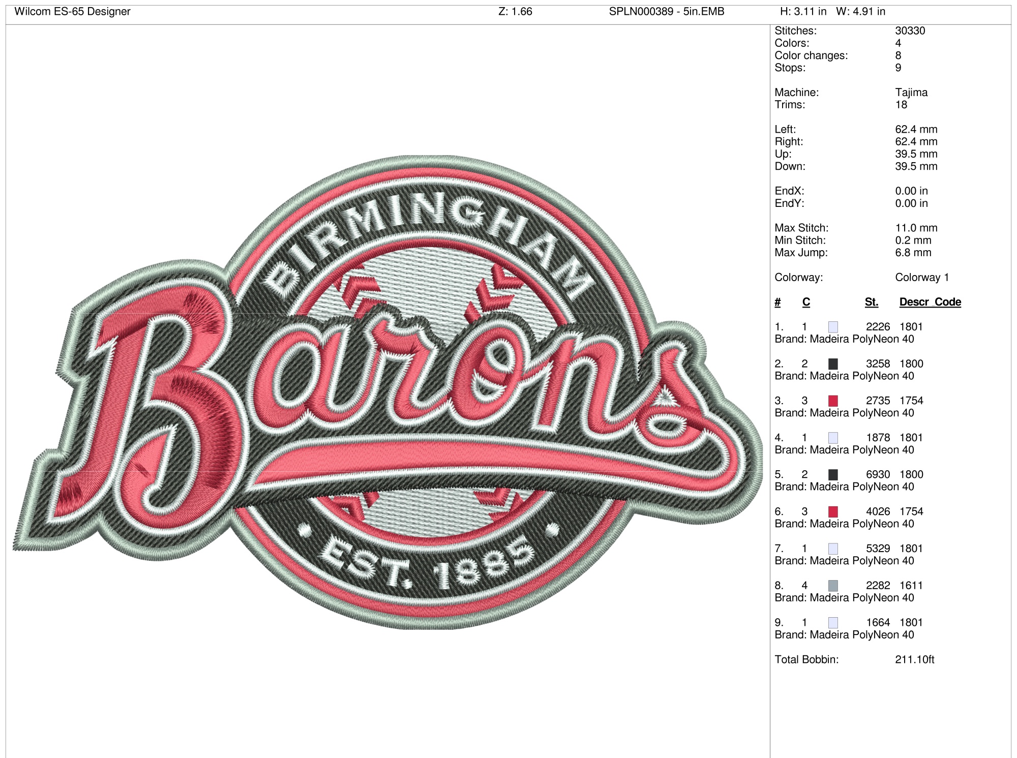 Birmingham Barons Baseball Sports Embroidery Logo in 4 sizes