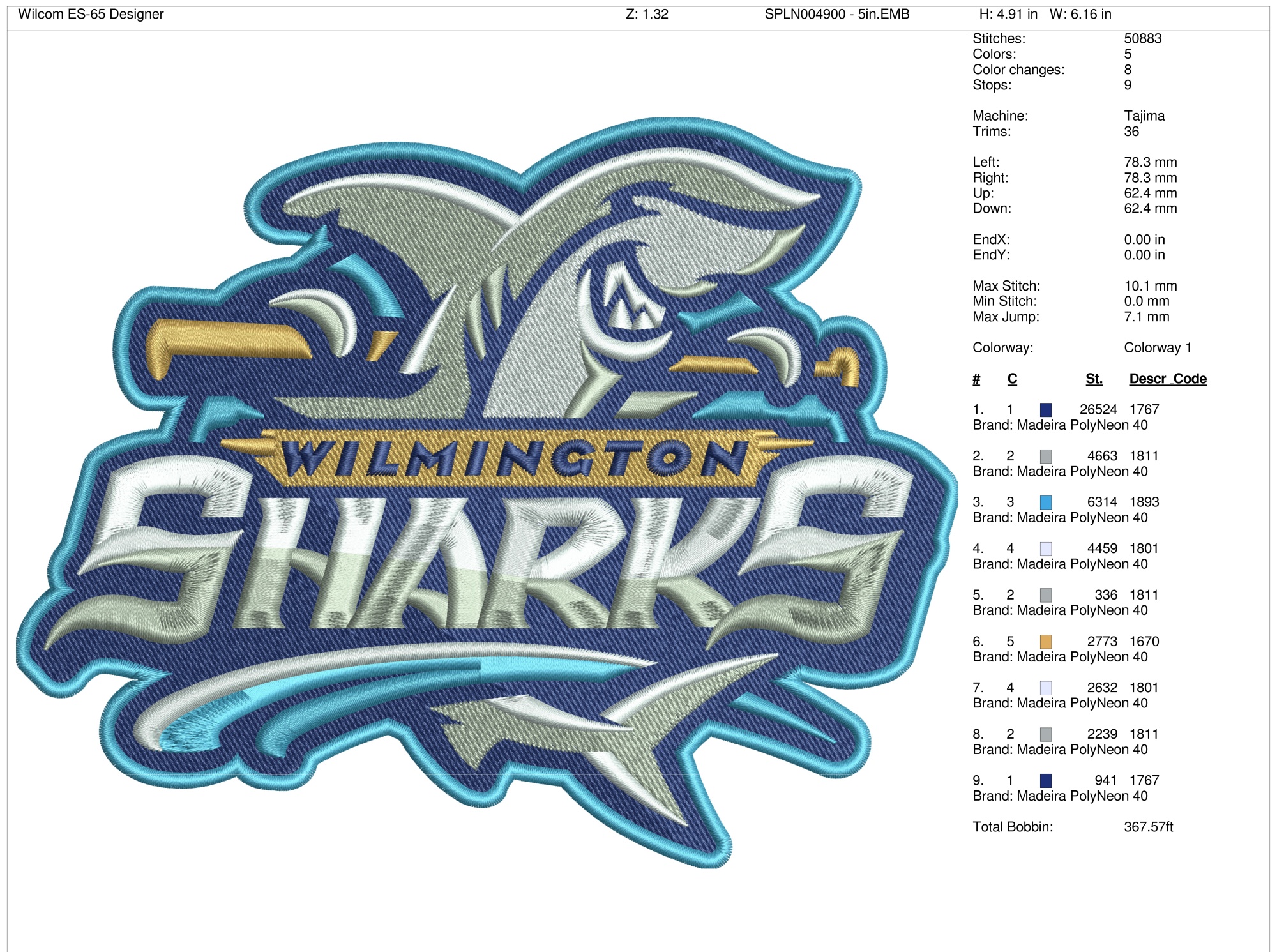 Wilmington Sharks Baseball Sports Embroidery Logo in 4 sizes